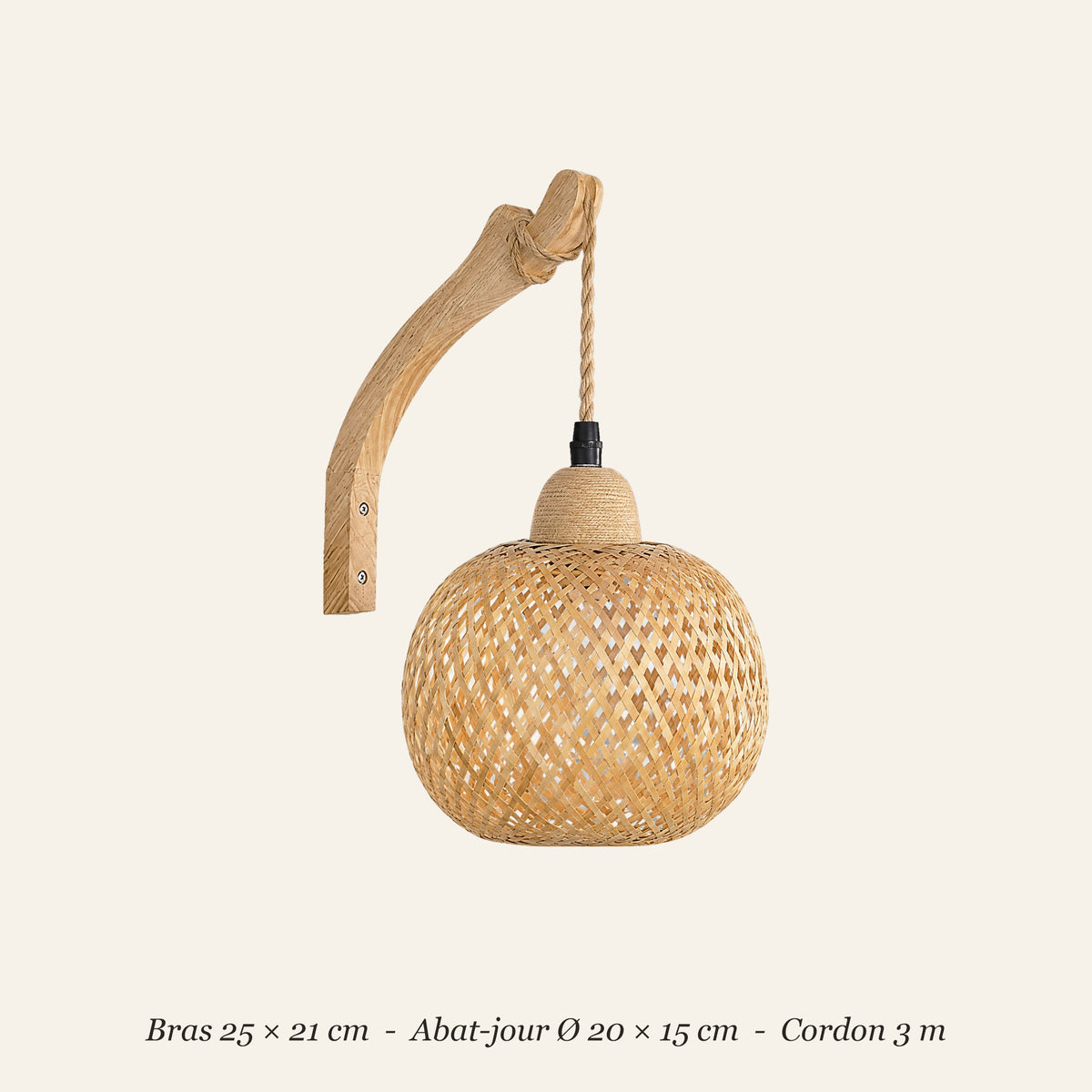 Dimensions de l'applique en bambou : bras 25 × 21 cm, abat-jour Ø 20 cm