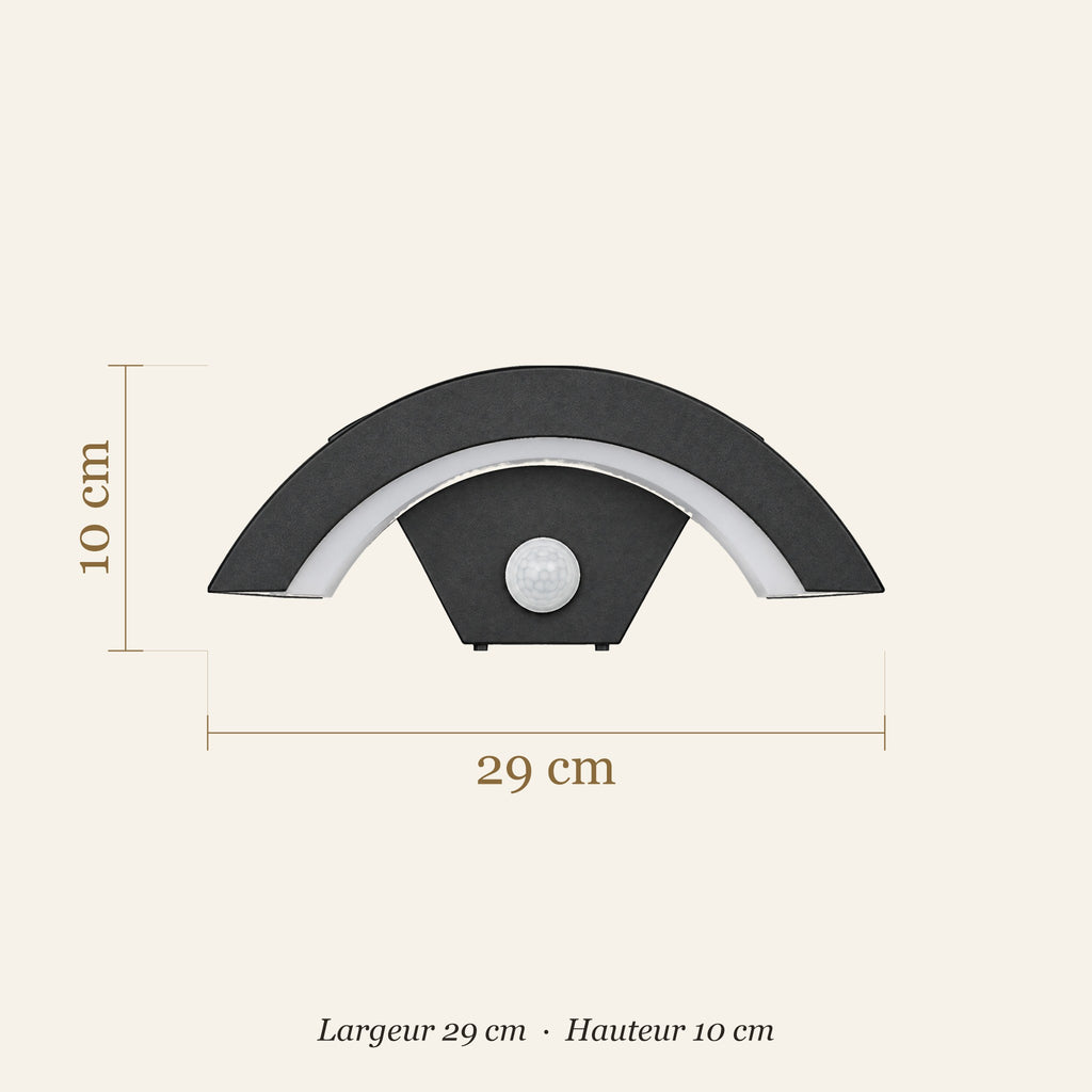 Dimensions de l'applique extérieure en arc : largeur 29 cm, hauteur 10 cm