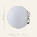 Dimensions de l'applique boule en verre opalin : globe Ø 12, 15 ou 18 cm