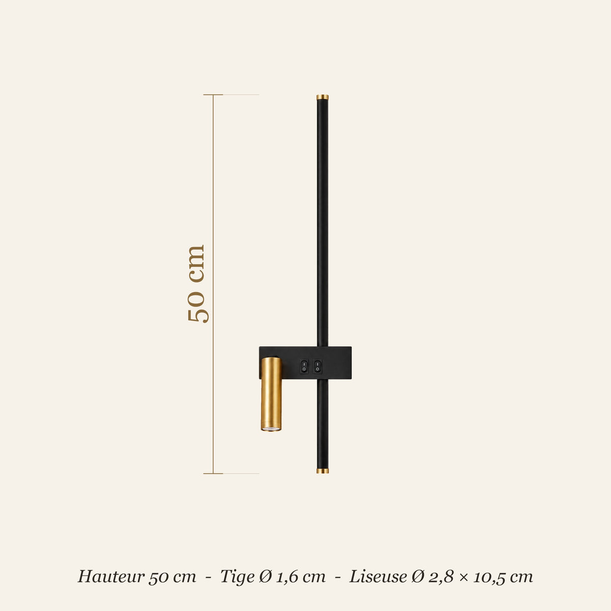 Dimensions de l'applique murale à liseuse : hauteur 50 cm