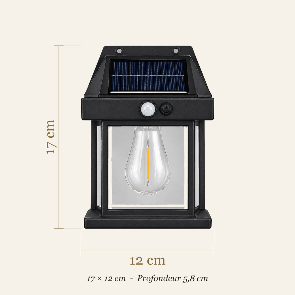 Dimensions de l'applique solaire lanterne : 17 × 12 cm, profondeur 5,8 cm