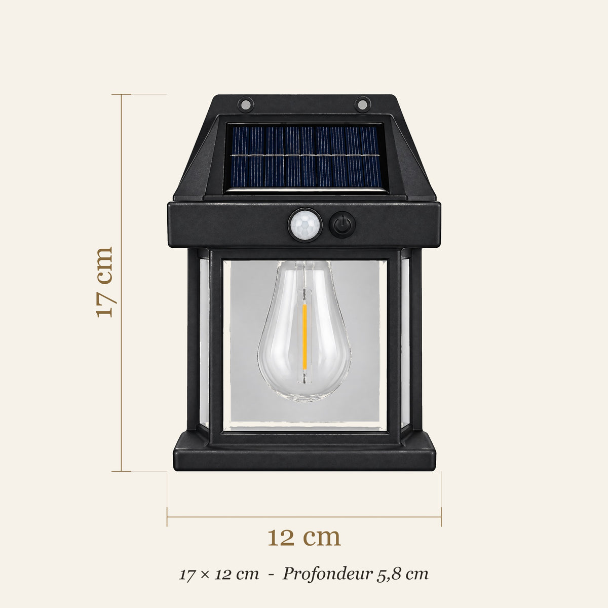 Dimensions de l'applique solaire lanterne : 17 × 12 cm, profondeur 5,8 cm