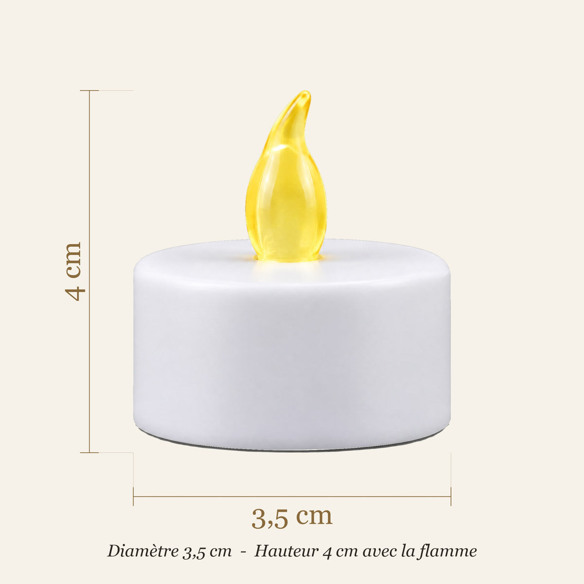 Dimensions de la bougie chauffe-plat LED : diamètre 3,5 cm, hauteur 4 cm