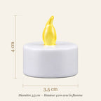 Dimensions de la bougie chauffe-plat LED : diamètre 3,5 cm, hauteur 4 cm
