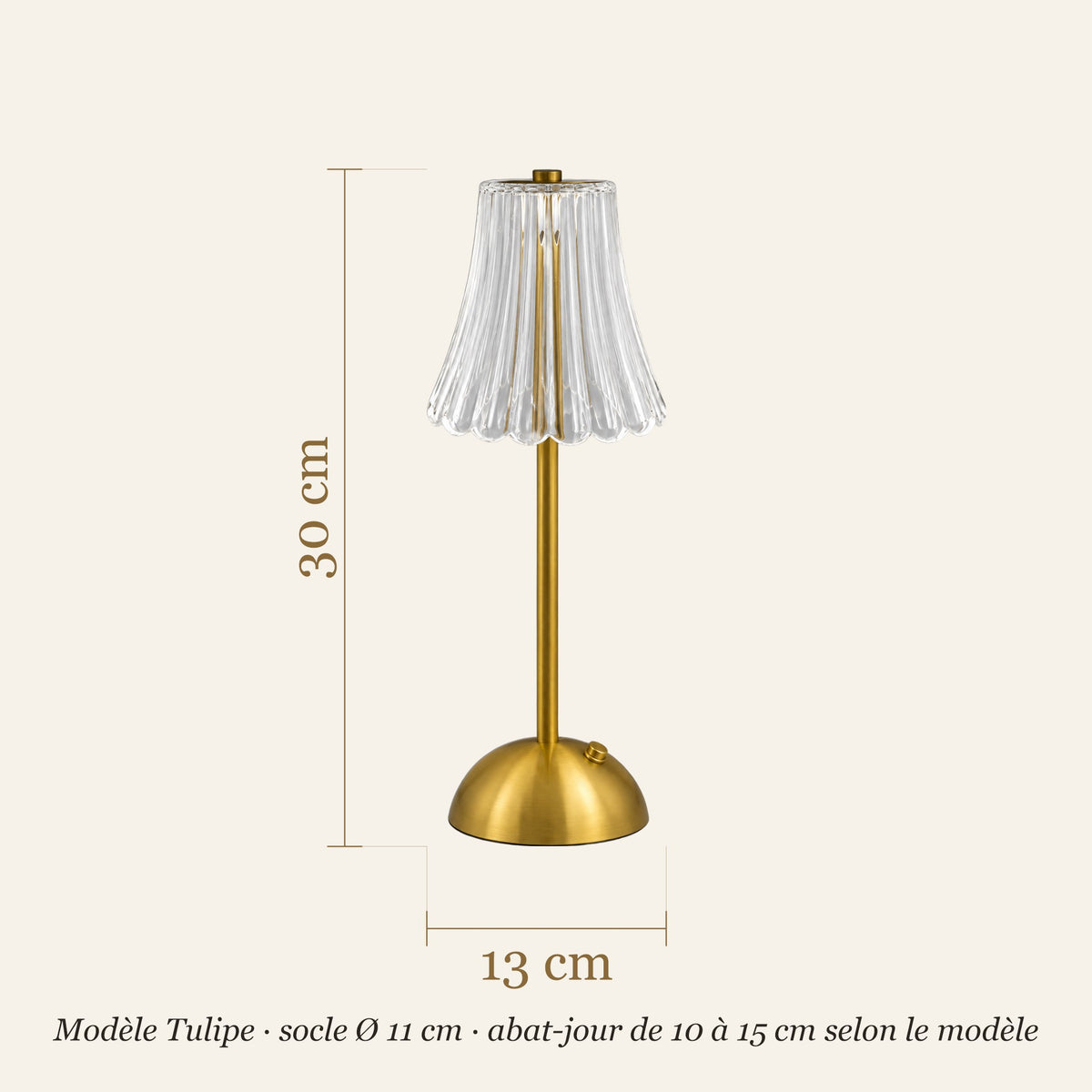 Dimensions de la lampe de table sans fil : 30 cm de haut, socle de 11 cm