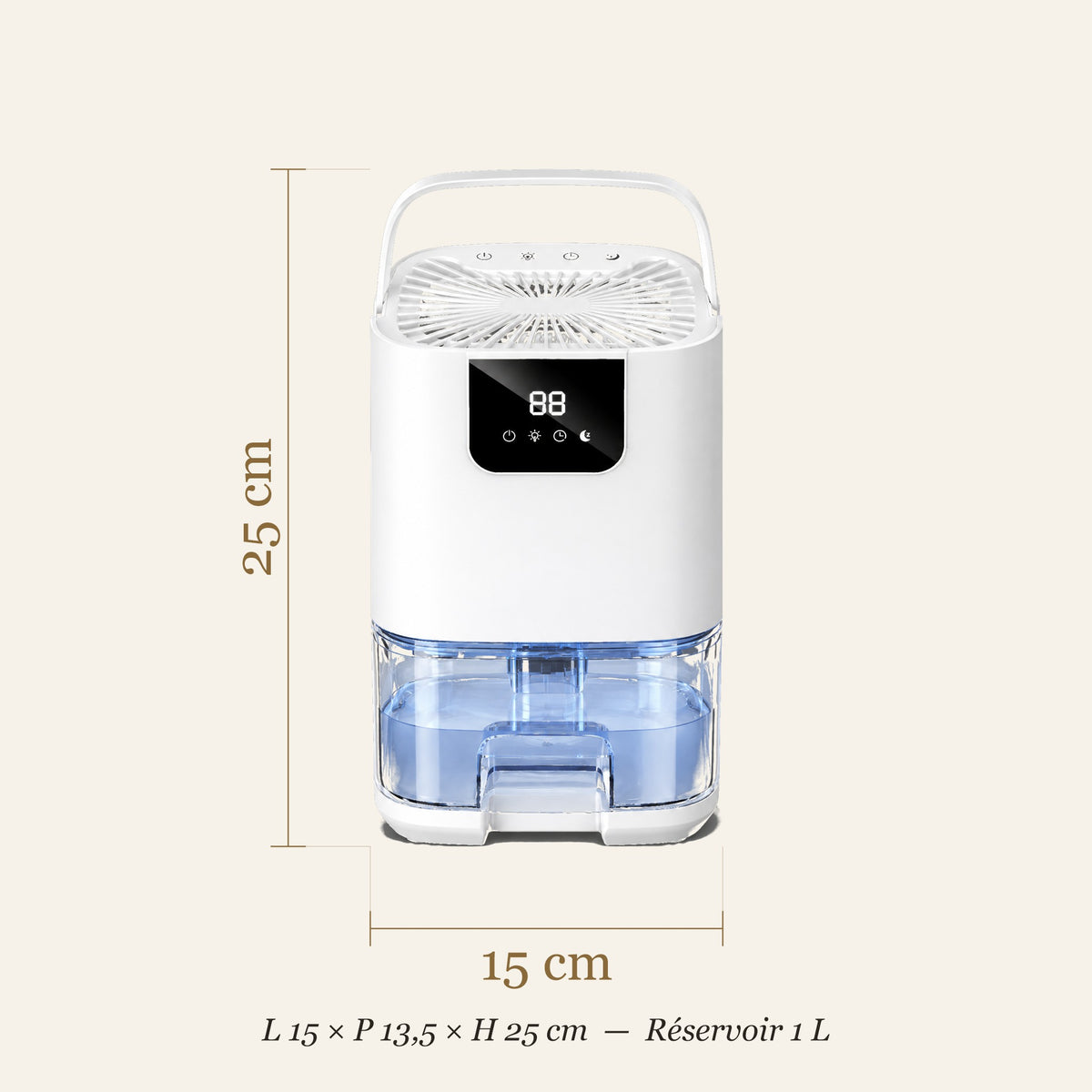Dimensions du petit déshumidificateur : 15 × 13,5 × 25 cm, réservoir 1 L