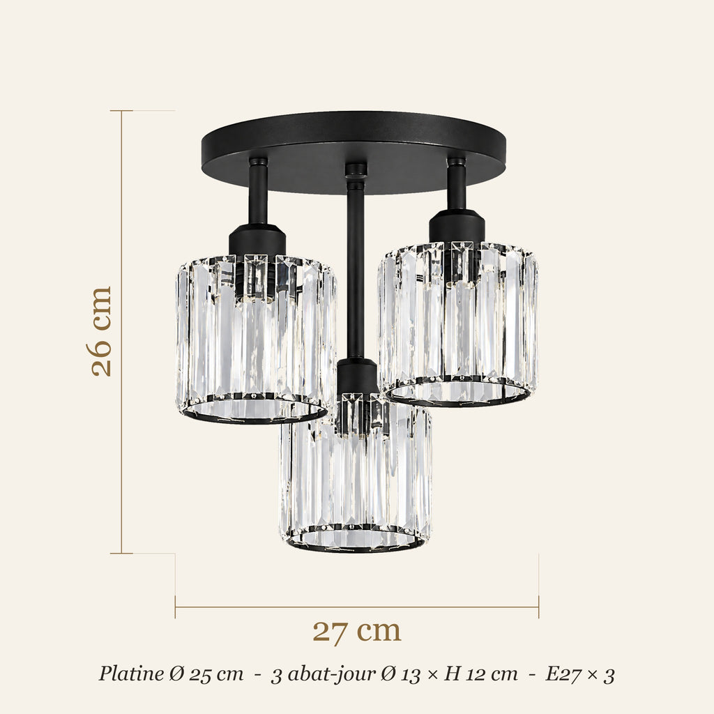 Dimensions du plafonnier cristal : hauteur 26 cm, largeur 27 cm, platine Ø 25 cm