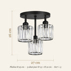 Dimensions du plafonnier cristal : hauteur 26 cm, largeur 27 cm, platine Ø 25 cm