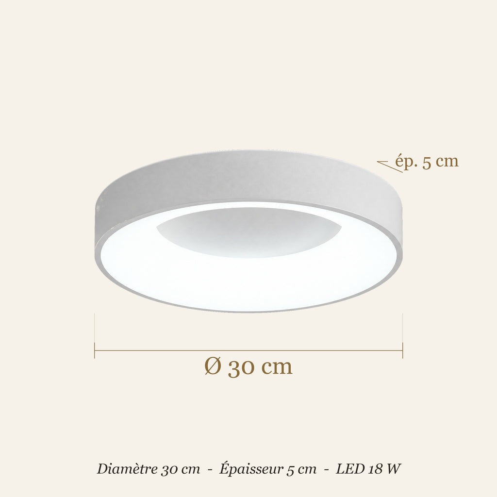 Dimensions du plafonnier LED rond : diamètre 30 cm, épaisseur 5 cm