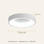 Dimensions du plafonnier LED rond : diamètre 30 cm, épaisseur 5 cm