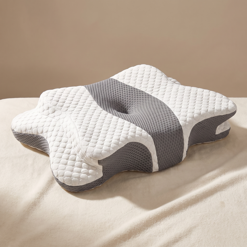 Oreiller cervical ergonomique papillon en mousse profilée, housse blanche déhoussable et panneau mesh gris — Reposéa