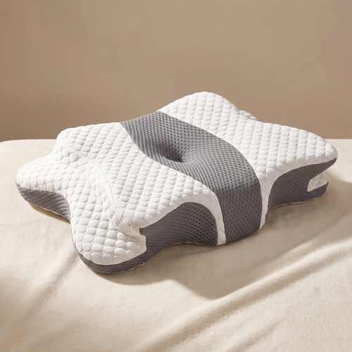 Oreiller cervical ergonomique papillon en mousse profilée, housse blanche déhoussable et panneau mesh gris — Reposéa