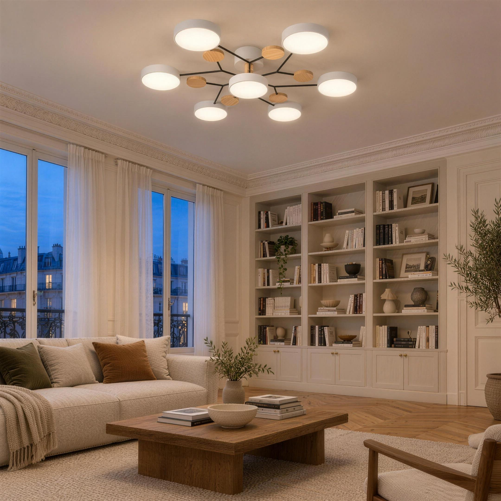 Plafonnier à branches blanc à sept lumières allumé dans un salon parisien en début de soirée, bras noirs et pastilles en bois clair