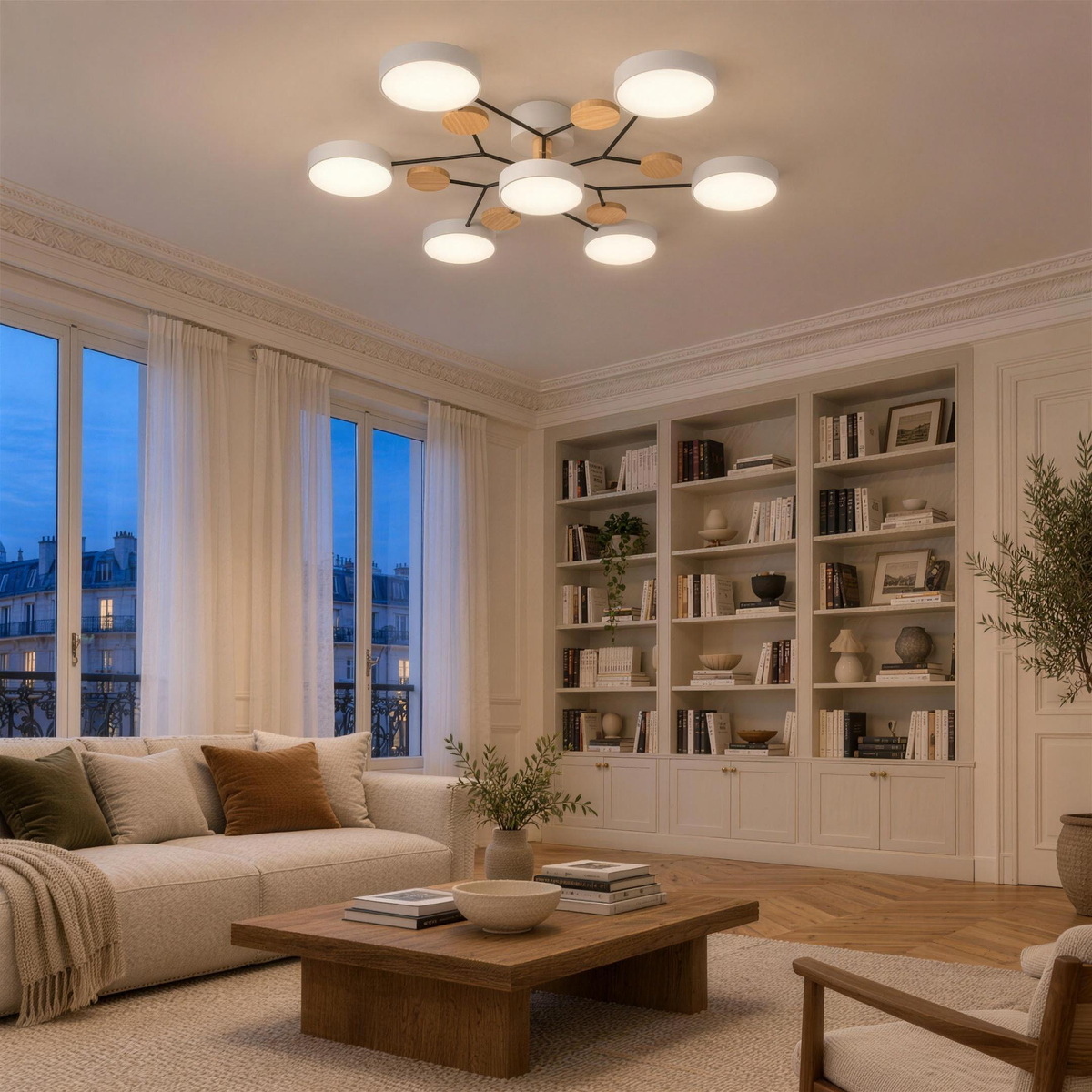 Plafonnier à branches blanc à sept lumières allumé dans un salon parisien en début de soirée, bras noirs et pastilles en bois clair