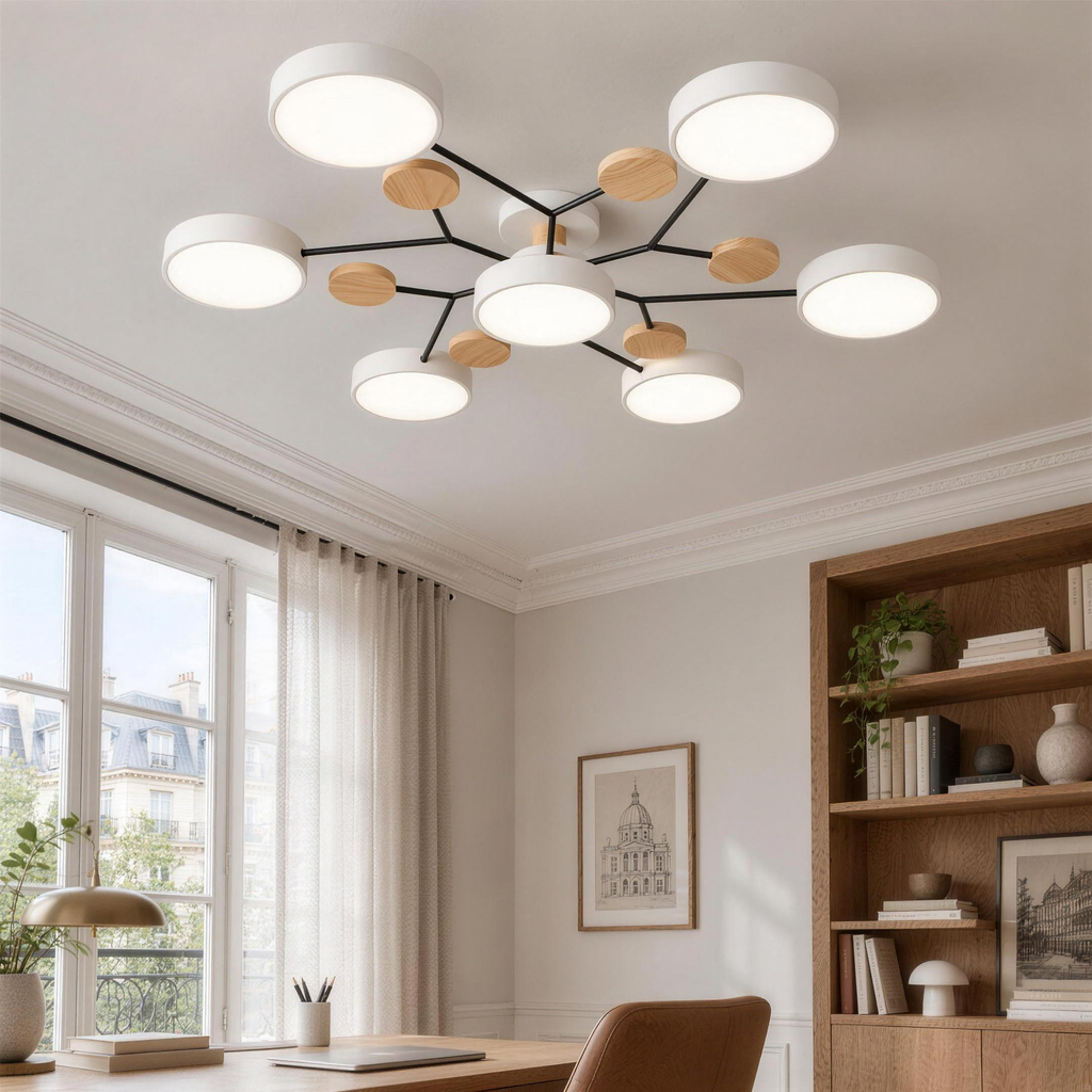 Plafonnier à branches blanc vu de trois quarts au plafond d'un bureau lumineux