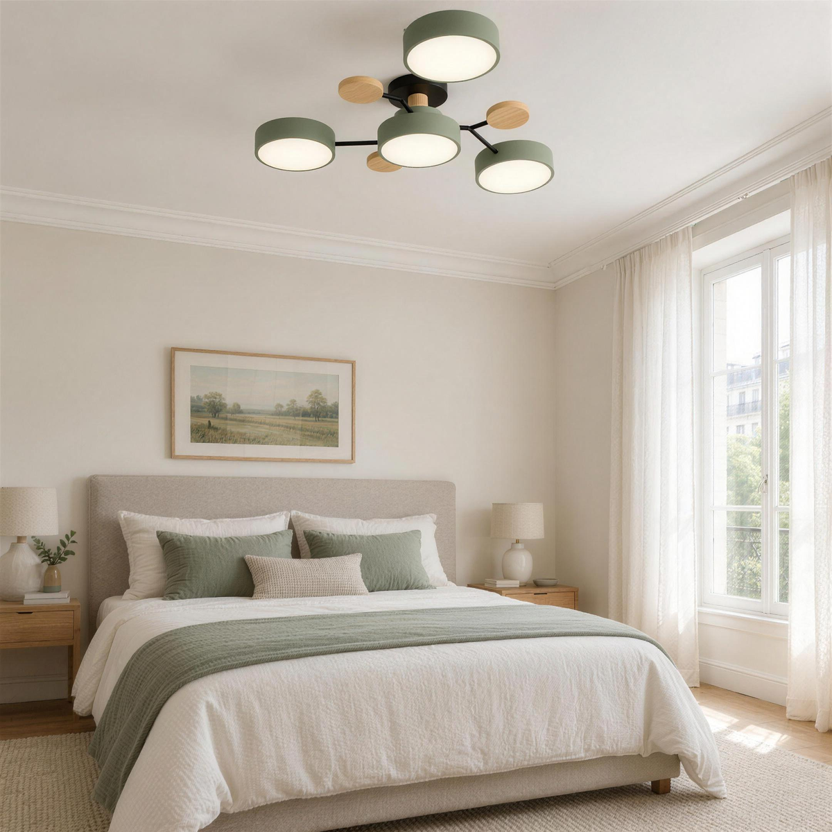 Plafonnier à branches vert sauge à quatre lumières dans une chambre, en plein jour