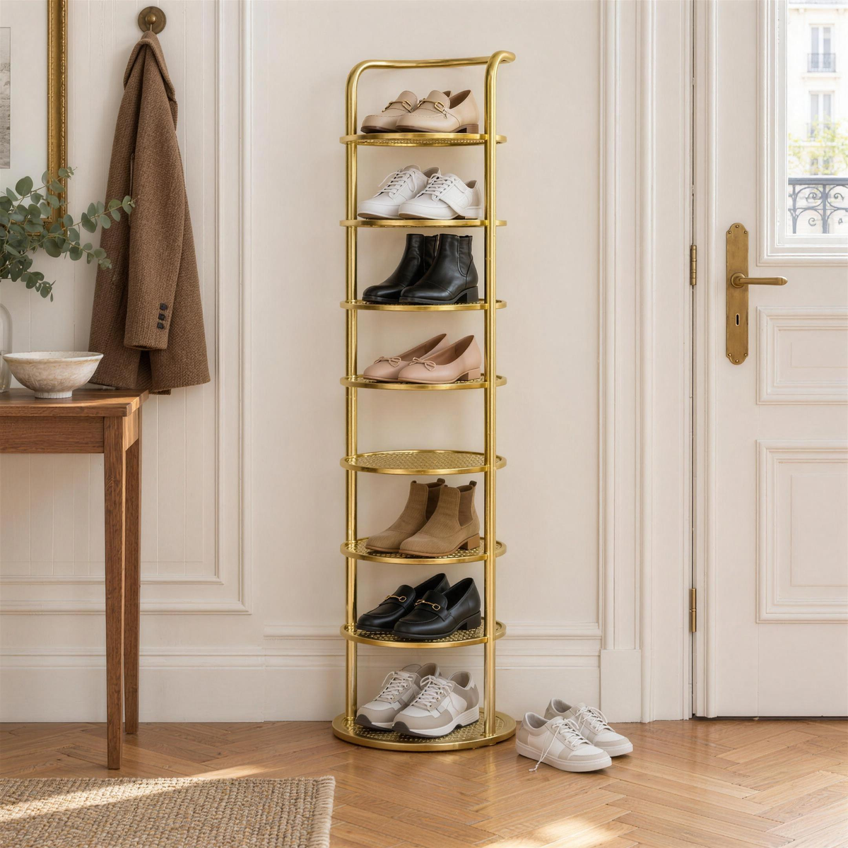Range-chaussures colonne ronde doré à 8 niveaux contre le mur d'une entrée parisienne, garni de chaussures