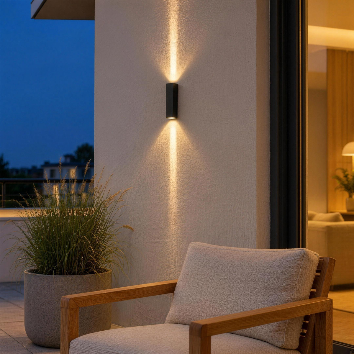 Applique extérieure LED noire allumée sur le mur d'une terrasse, au-dessus d'un fauteuil en teck