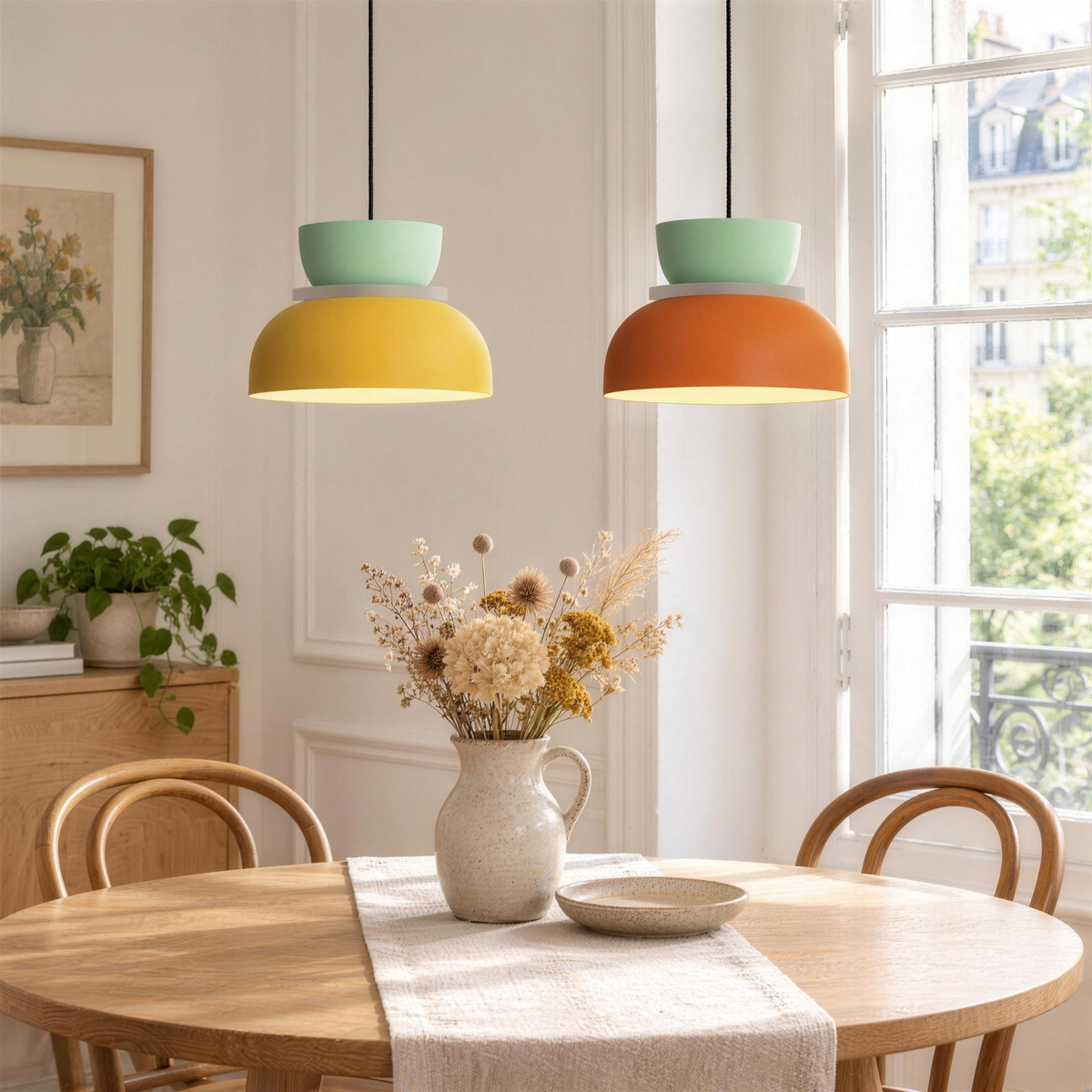 Deux suspensions bicolores, vert d'eau et jaune, vert d'eau et orange, au-dessus d'une table ronde