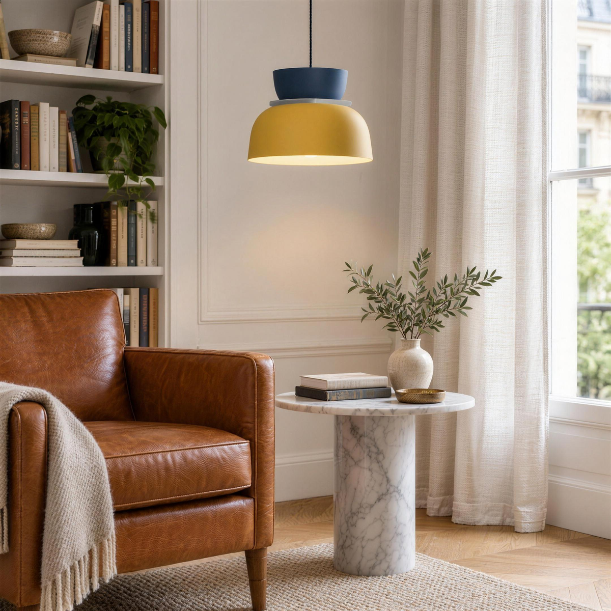 Suspension bleu et jaune au-dessus d'une table d'appoint en marbre, dans un coin lecture