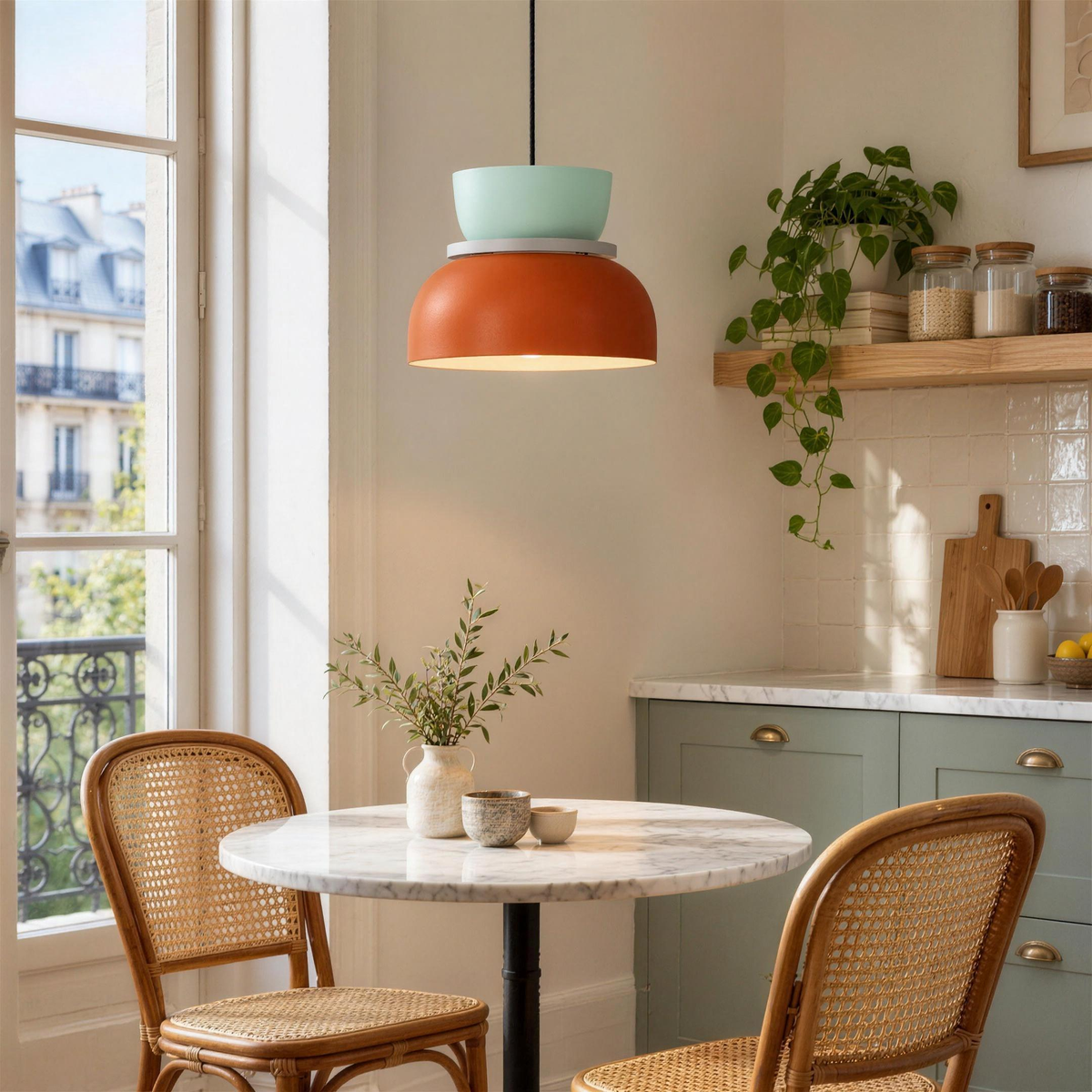Suspension vert d'eau et orange au-dessus d'une table bistrot dans une cuisine