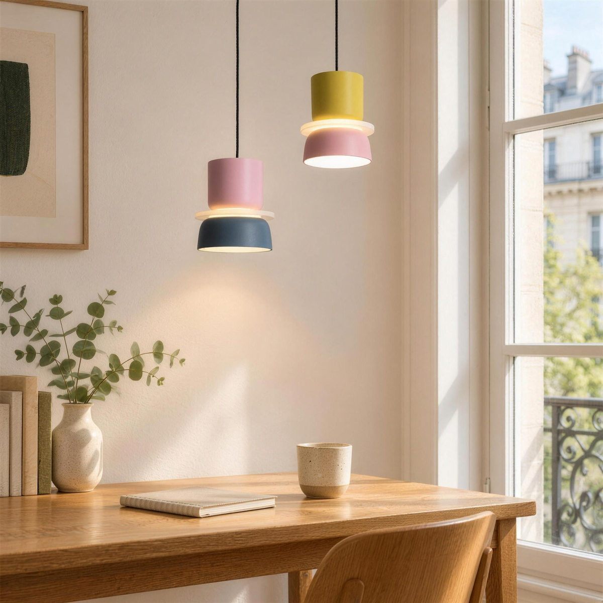 Deux petites suspensions, jaune et rose, rose et bleu, au-dessus d'un bureau