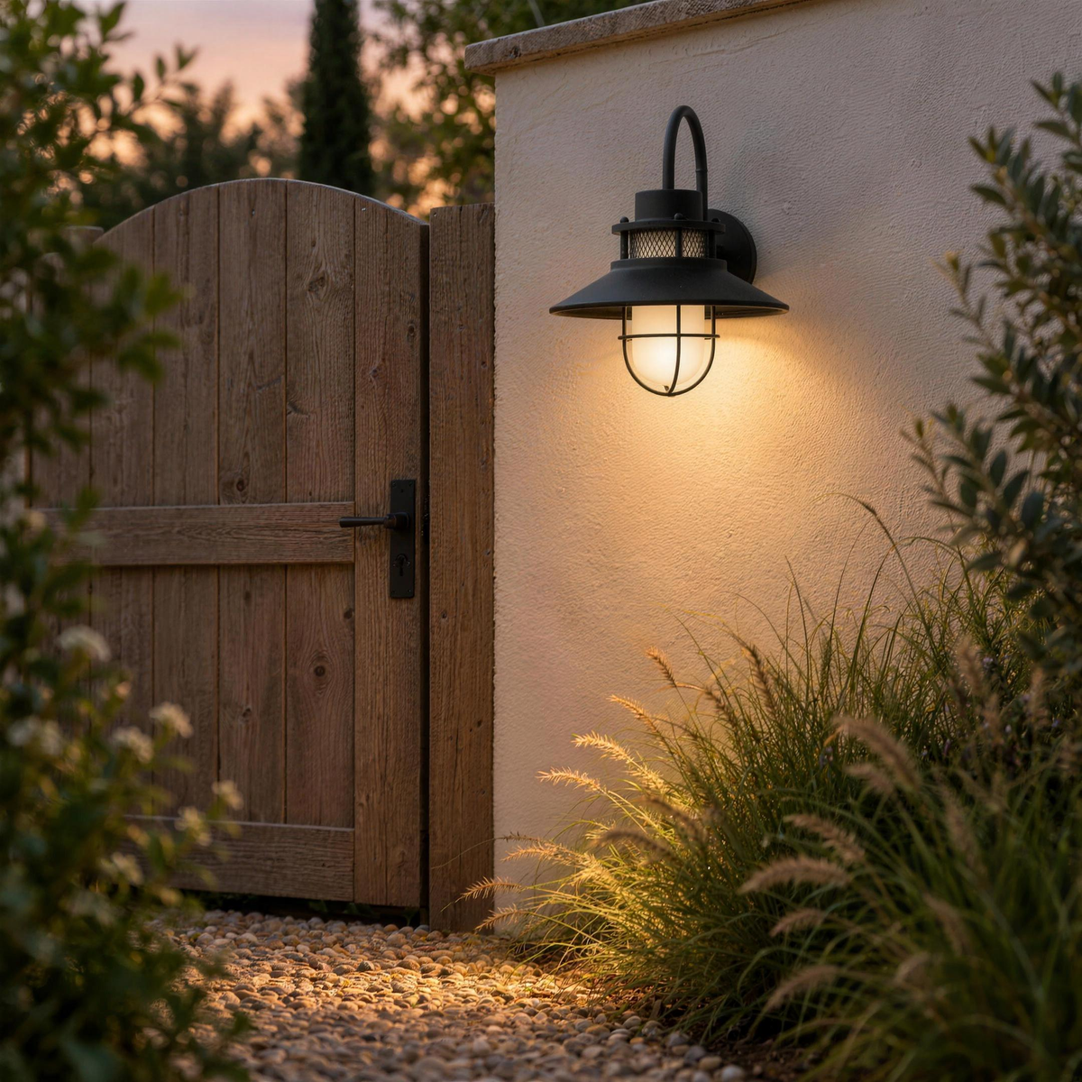 Applique lanterne allumée à côté d'un portail de jardin en bois