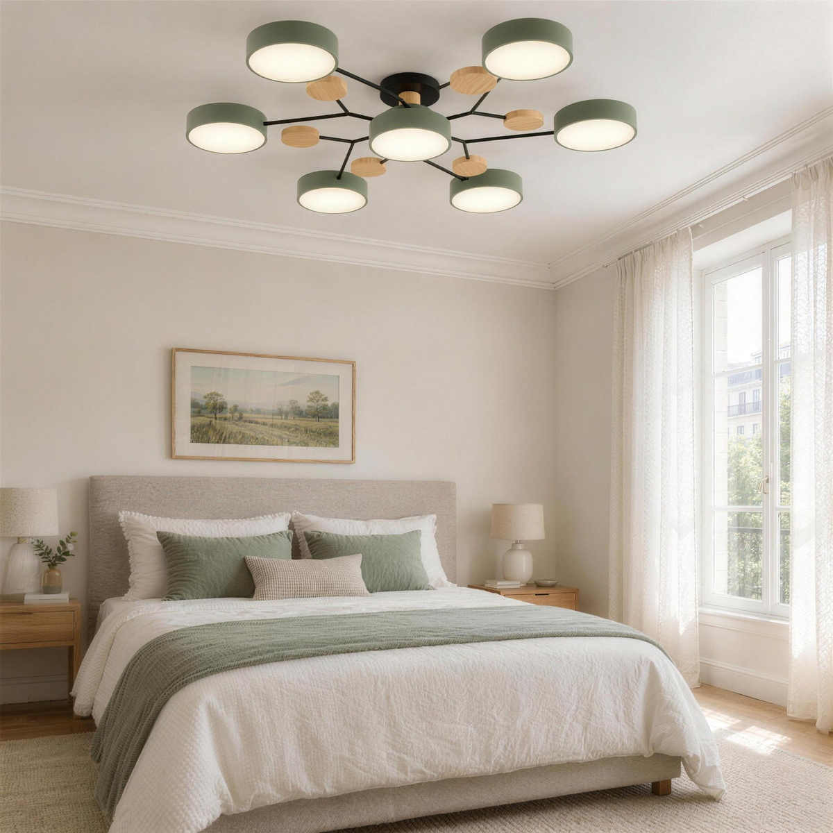 Plafonnier à branches vert sauge à sept lumières dans une chambre, en plein jour