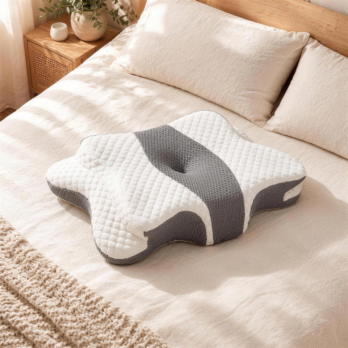 Oreiller cervical ergonomique papillon Maison Reposéa posé sur un lit en lin crème, housse blanche et panneau de maille grise, vue de dessus