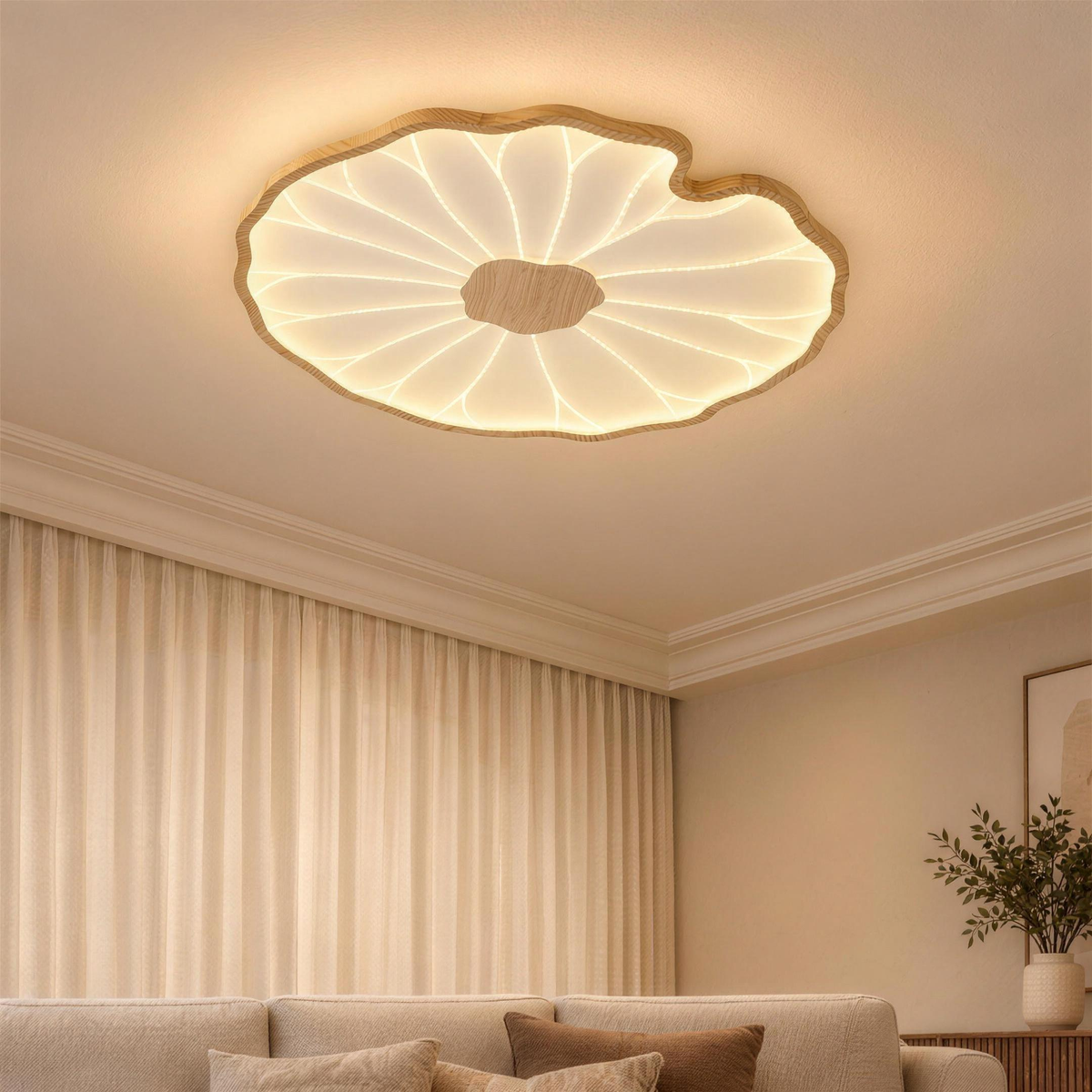 Plafonnier LED feuille de lotus effet bois naturel allumé au plafond d'un salon le soir, nervures lumineuses et cœur effet bois