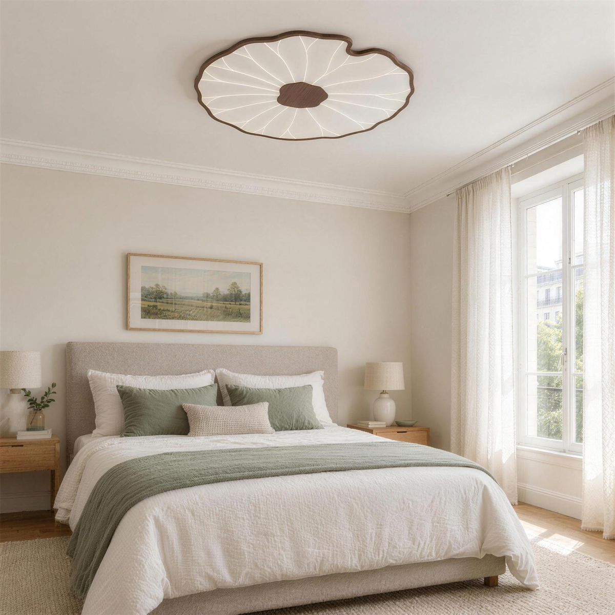 Plafonnier LED feuille de lotus effet noyer au plafond d'une chambre, en plein jour