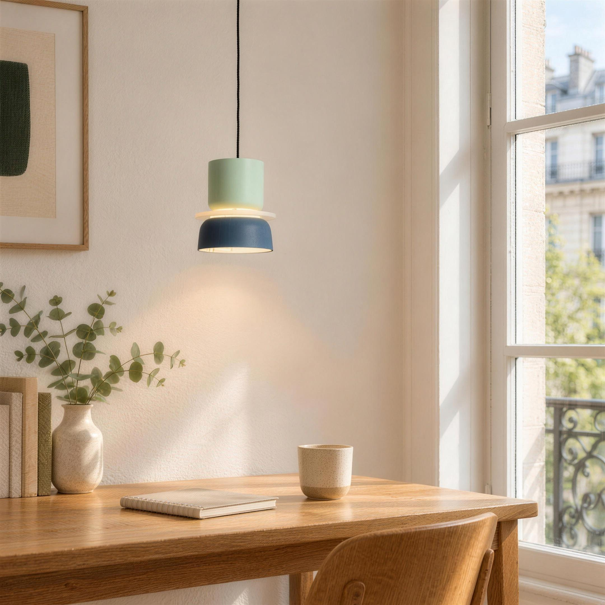 Petite suspension vert et bleu au-dessus d'un bureau en chêne