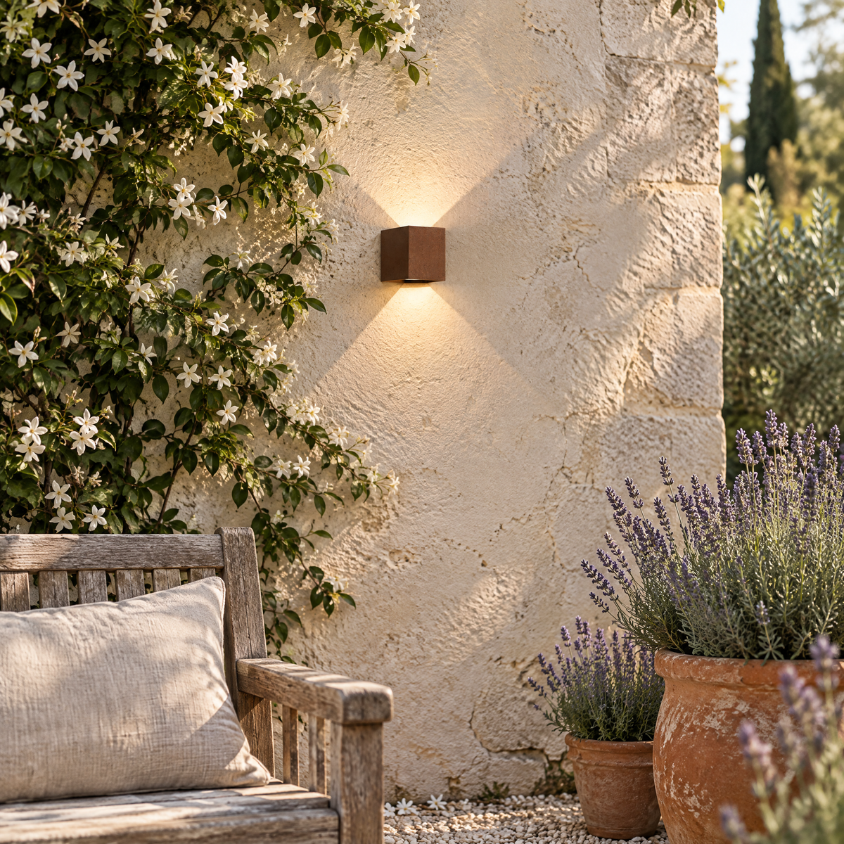 Applique murale cube rouille sur un mur de terrasse avec jasmin et lavande