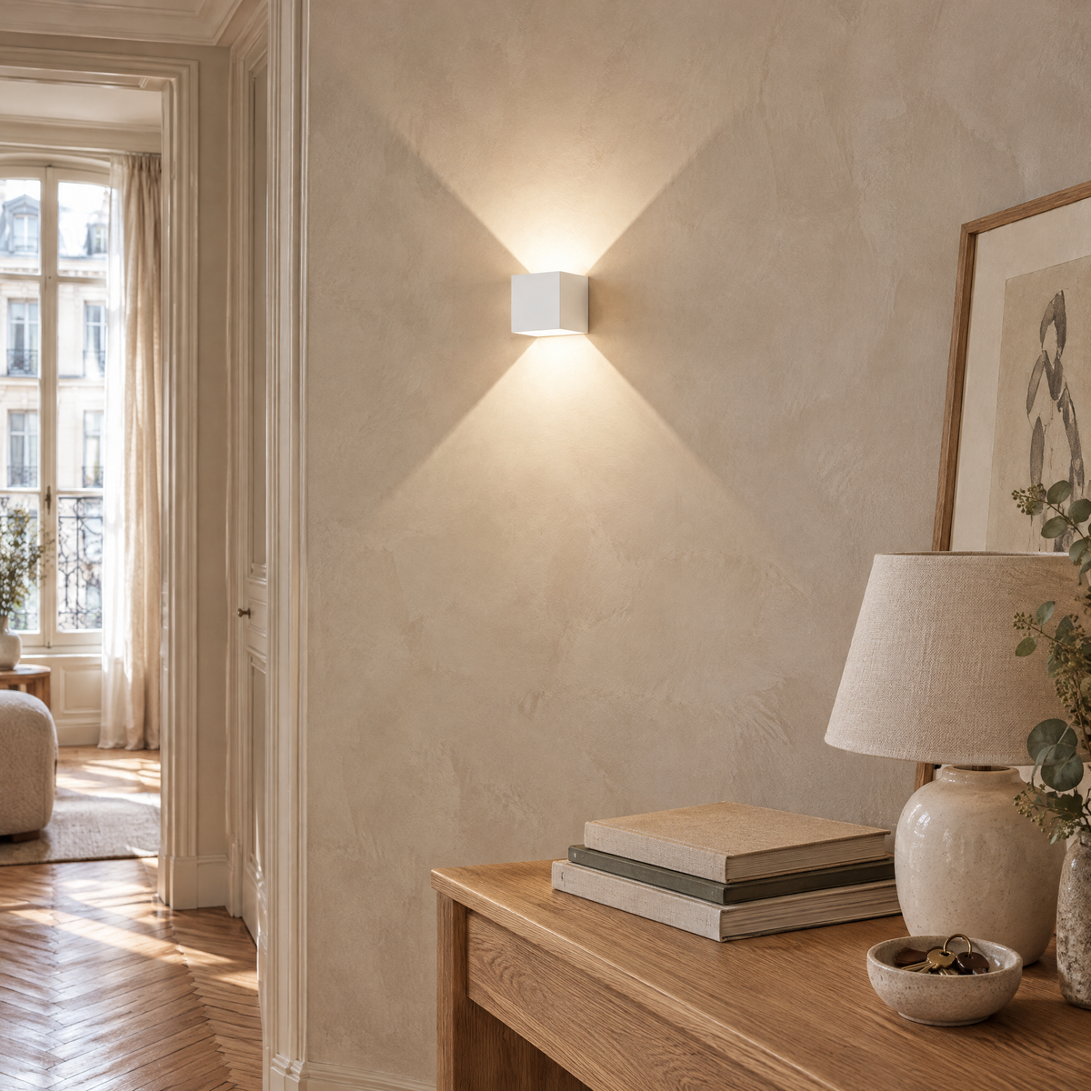 Applique murale cube blanche allumée dans une entrée, au-dessus d'une console en chêne