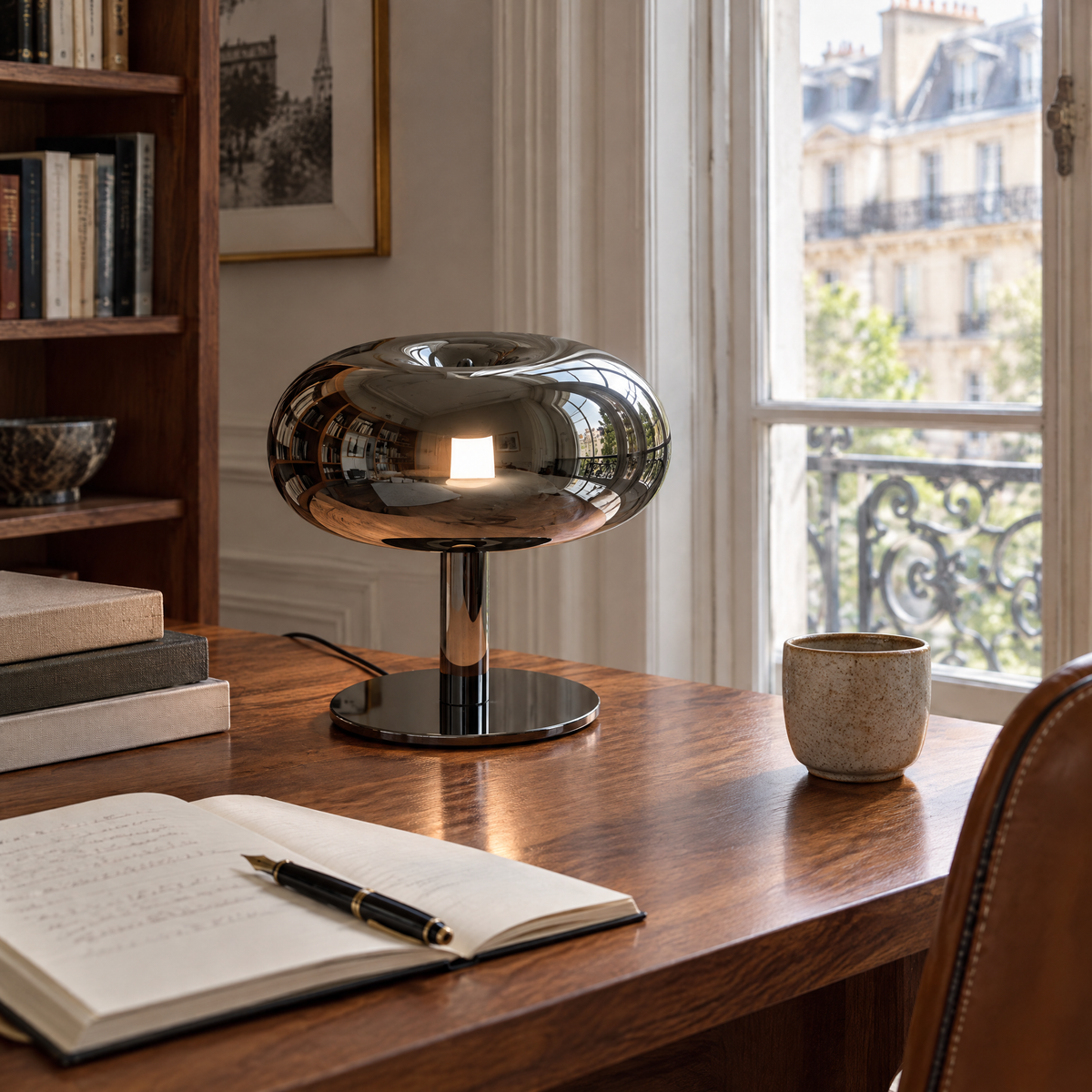 Lampe champignon noir chromé sur un bureau en noyer