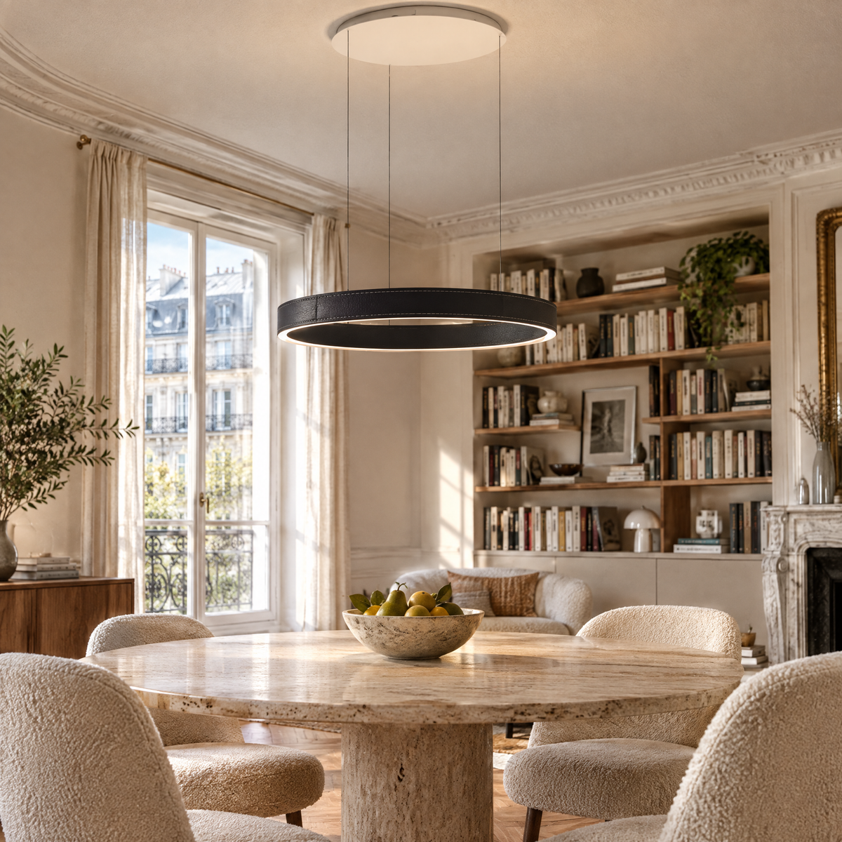 Suspension anneau LED gainée de cuir noir au-dessus d'une table ronde en travertin