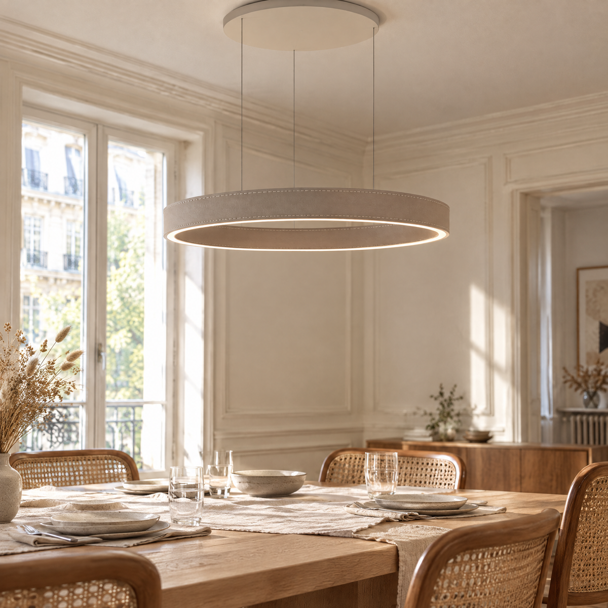 Suspension anneau LED gainée de cuir taupe au-dessus d'une table en chêne