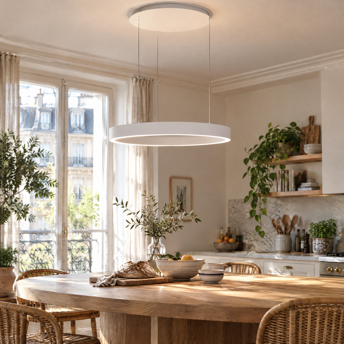 Suspension anneau LED blanche au-dessus d'une table de cuisine en chêne