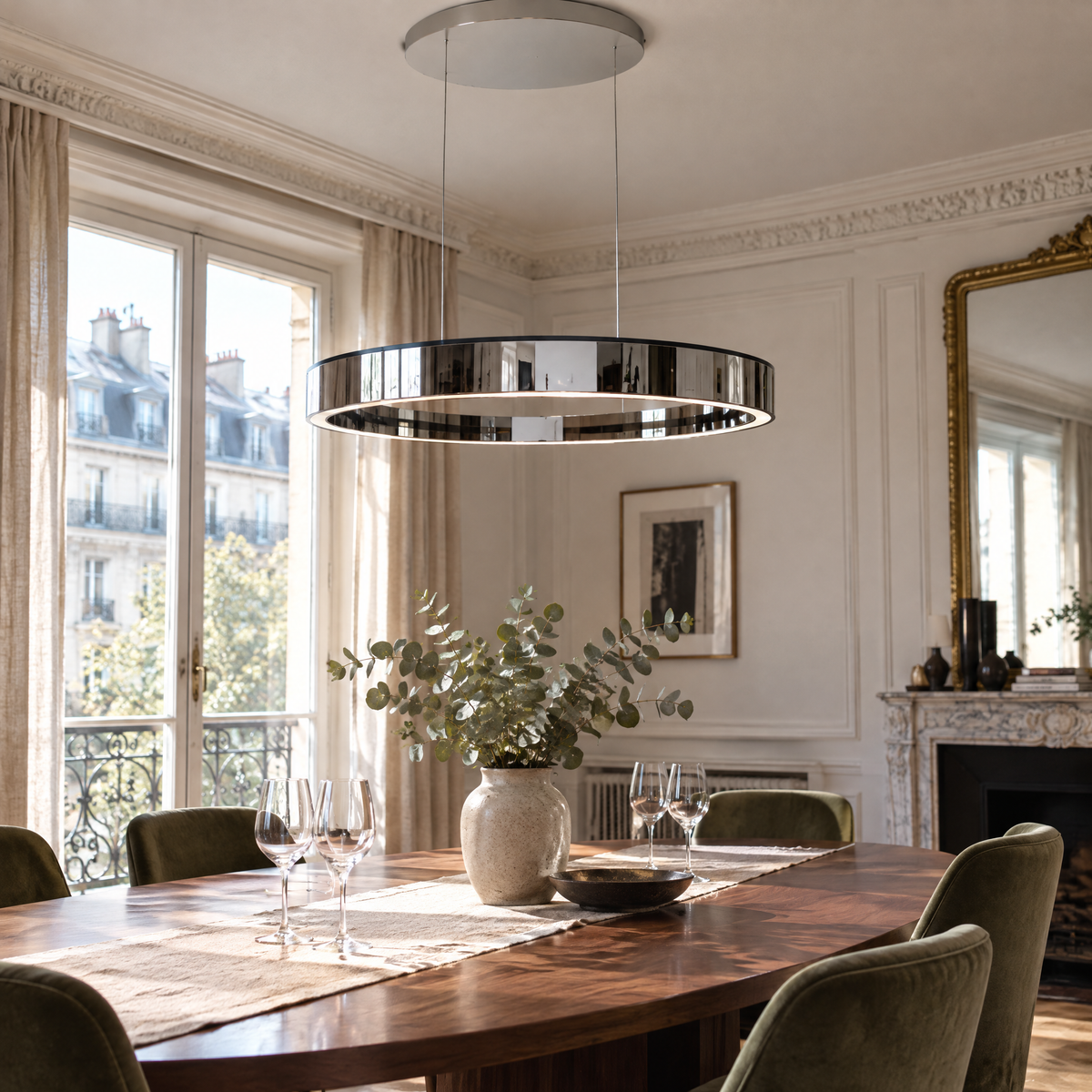 Suspension anneau LED chrome noir au-dessus d'une table en noyer