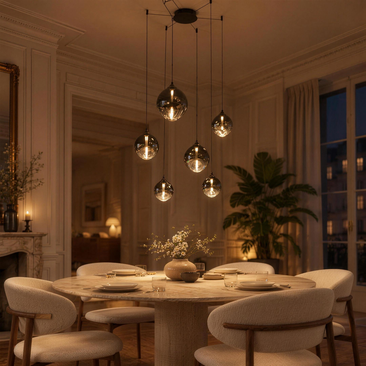 Suspension 6 globes en verre fumé allumée au-dessus d'une table ronde, salle à manger parisienne le soir