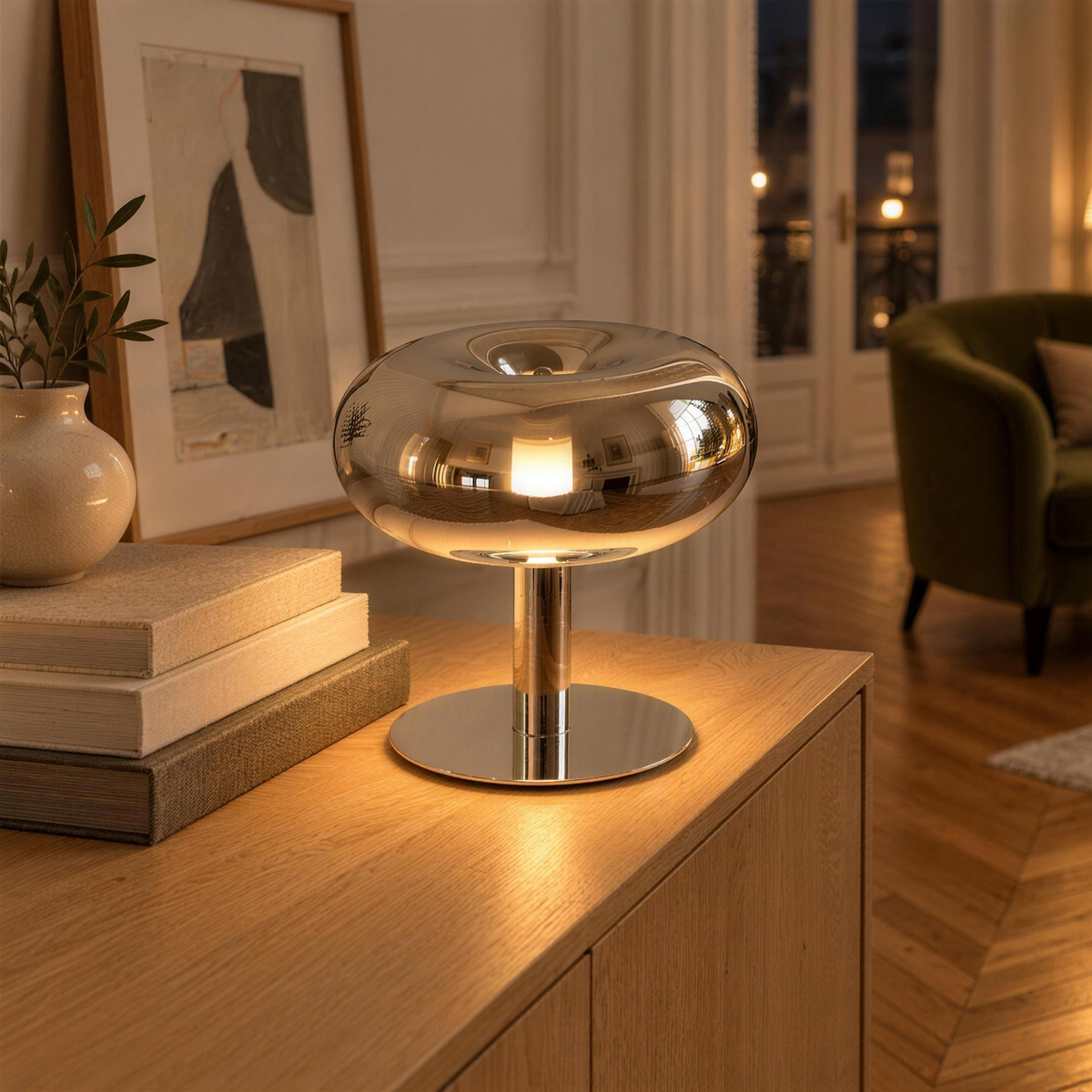 Lampe champignon chromée allumée sur un buffet en chêne, salon parisien le soir