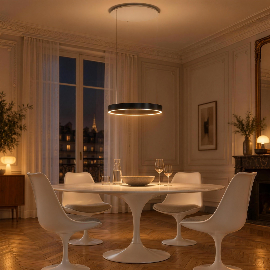 Suspension anneau LED noire allumée au-dessus d'une table ronde blanche, salle à manger le soir