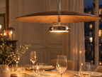 Détail d'un disque effet noyer et de son corps LED chromé allumé