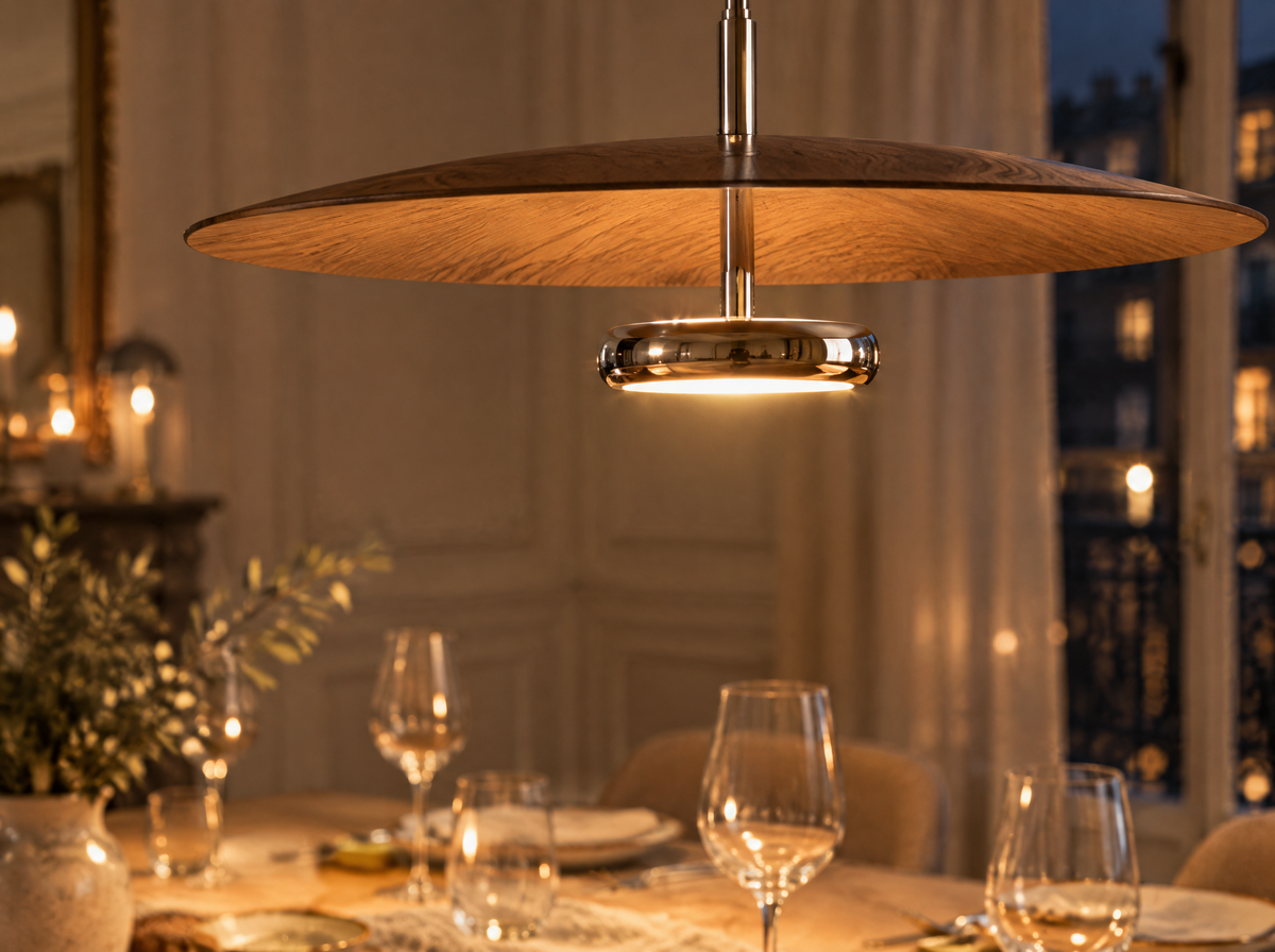 Détail d'un disque effet noyer et de son corps LED chromé allumé