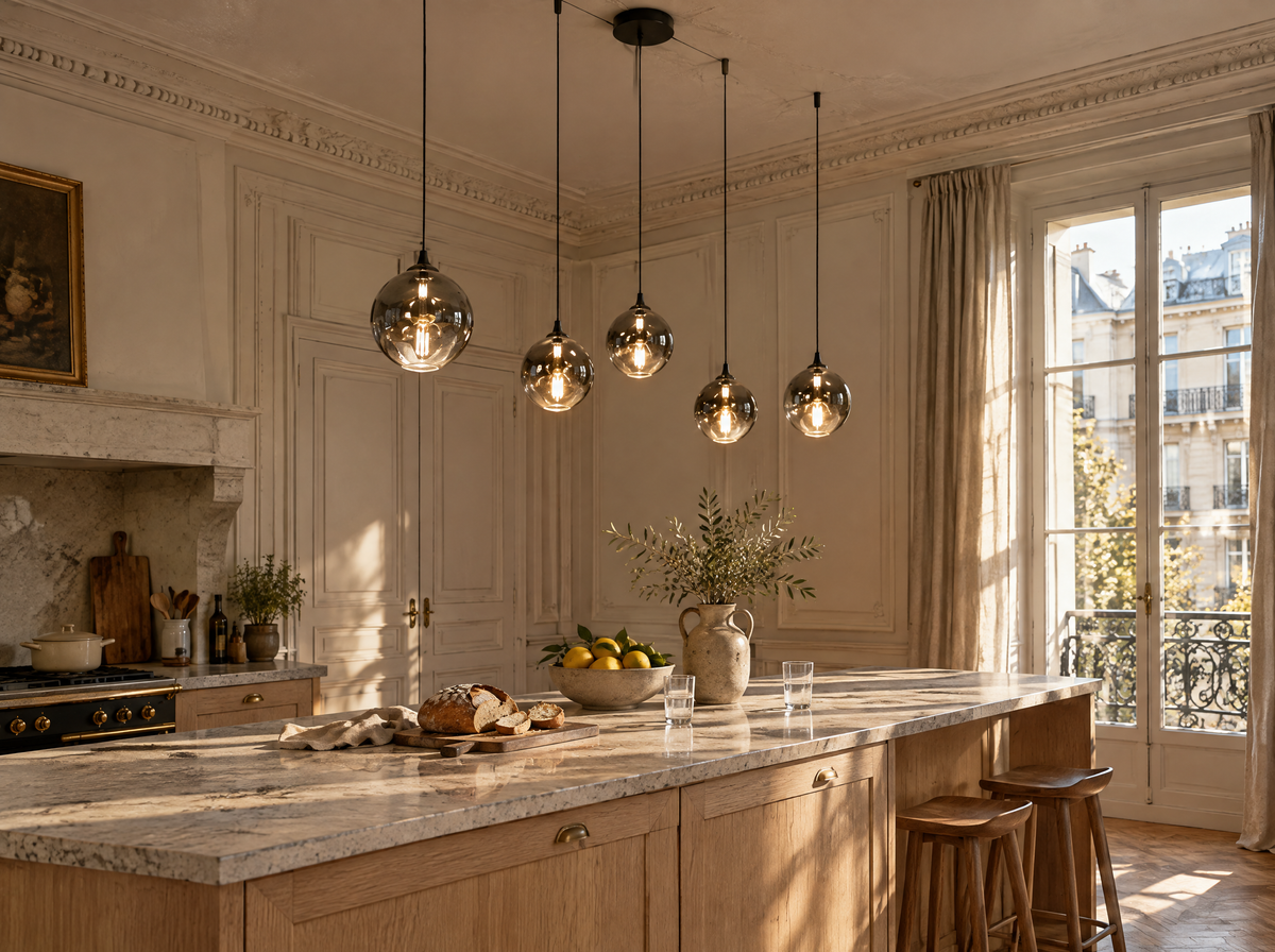 Suspension 6 globes en verre alignée au-dessus d'un îlot de cuisine