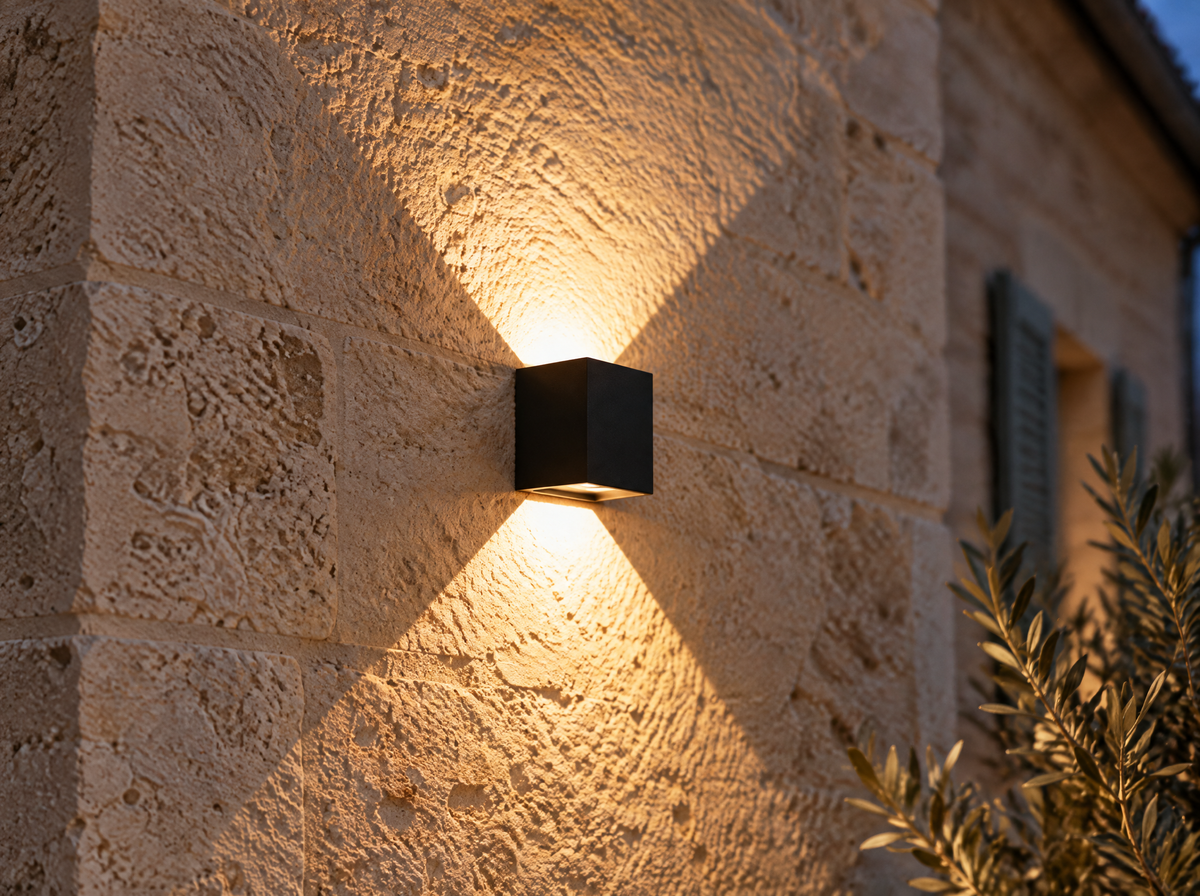 Faisceaux lumineux de l'applique cube noire sur un mur en pierre calcaire