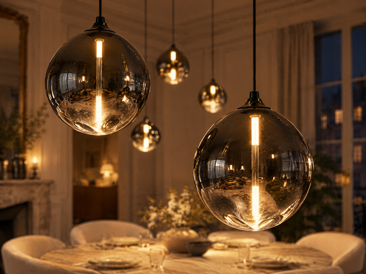 Gros plan sur les globes en verre soufflé fumé de la suspension 6 globes, allumés