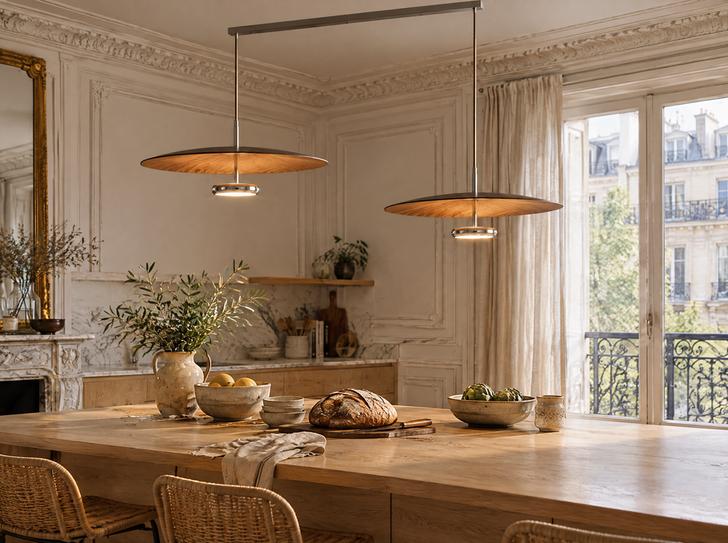 Double suspension disque effet noyer au-dessus d'un îlot de cuisine en chêne