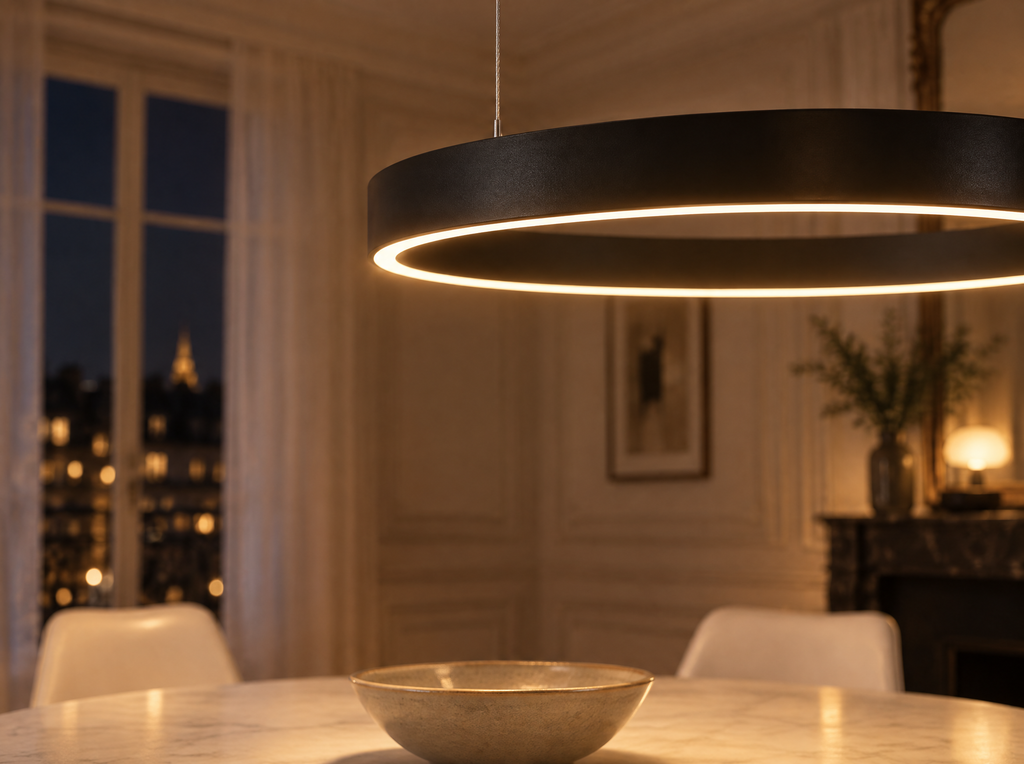 Détail de l'anneau LED noir et de sa lumière diffusée vers la table