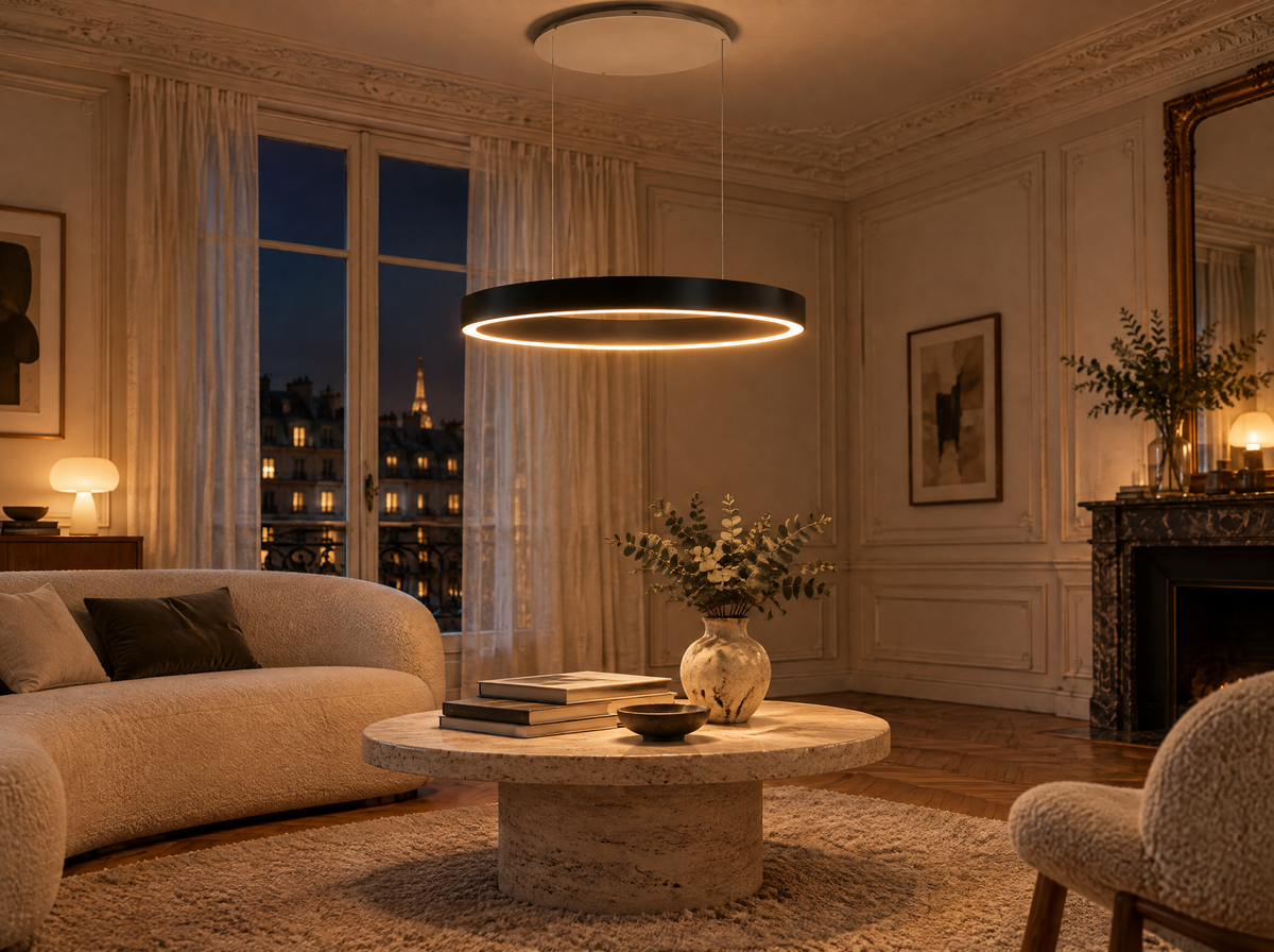 Suspension anneau LED noire allumée au-dessus d'une table basse de salon